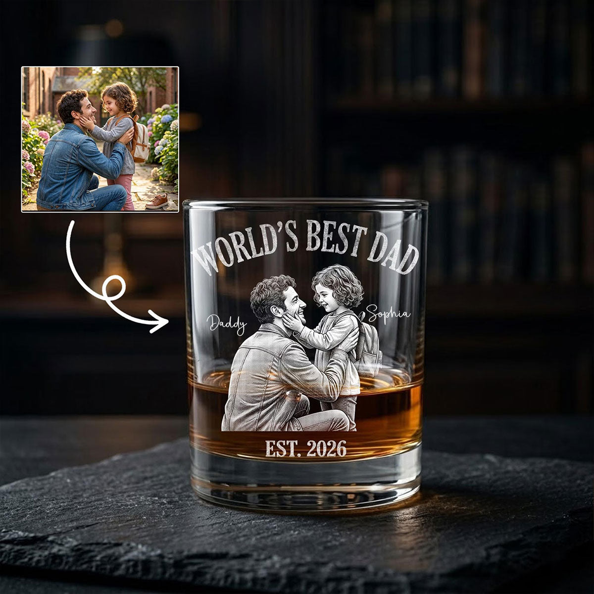 Personalized Photo Dad Whiskey Glass,Custom Photo Whiskey Glass for Dad, Daddy Est Glass, Father's Day Gift for Dad