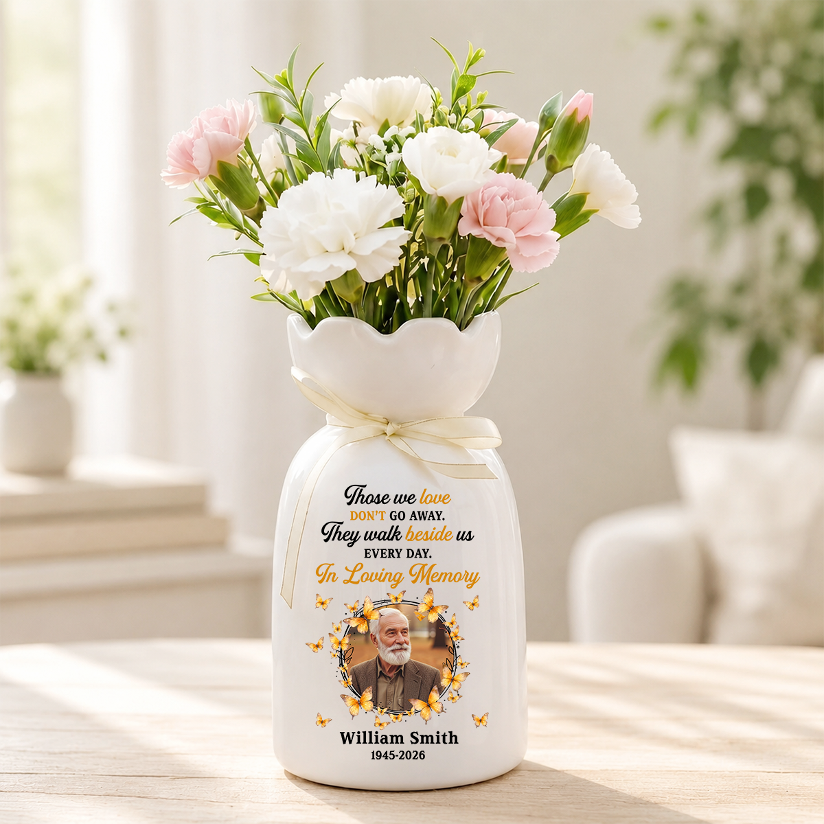 In Loving Memories Custom Photo Vase - Personalized Custom Ribbon Tie Flower Vase