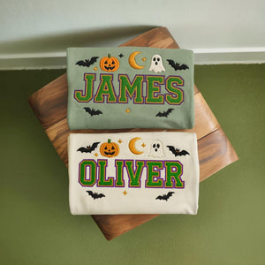 Personalized Kids Halloween Sweatshirt, Embroidered Name Pumpkin Ghost Fall Shirt, Custom Halloween Crewneck
