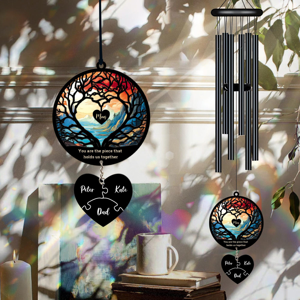 Personalized Mom Puzzle Black Wind Chime, Mothers Day Gift from Son Daughter, Mom Birthday Gift, You Are The Piece That Holds Us Together