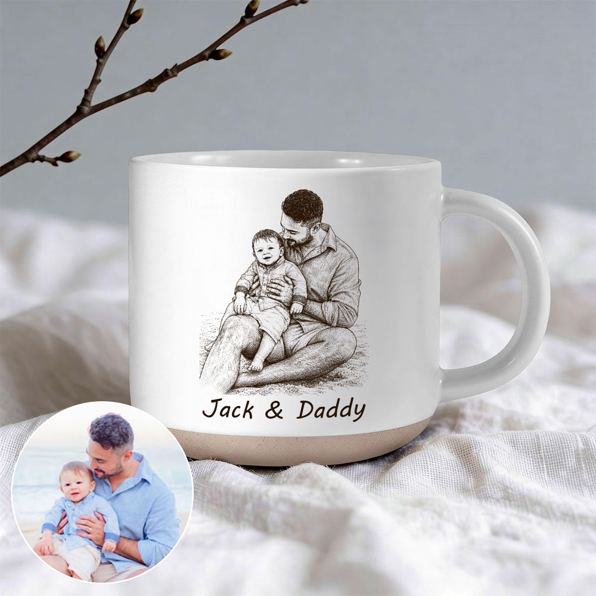 Pencil Sketch Engraved Design - Pottery Coffee Mug for Dad/Husband/Mom, Father's Day Gift