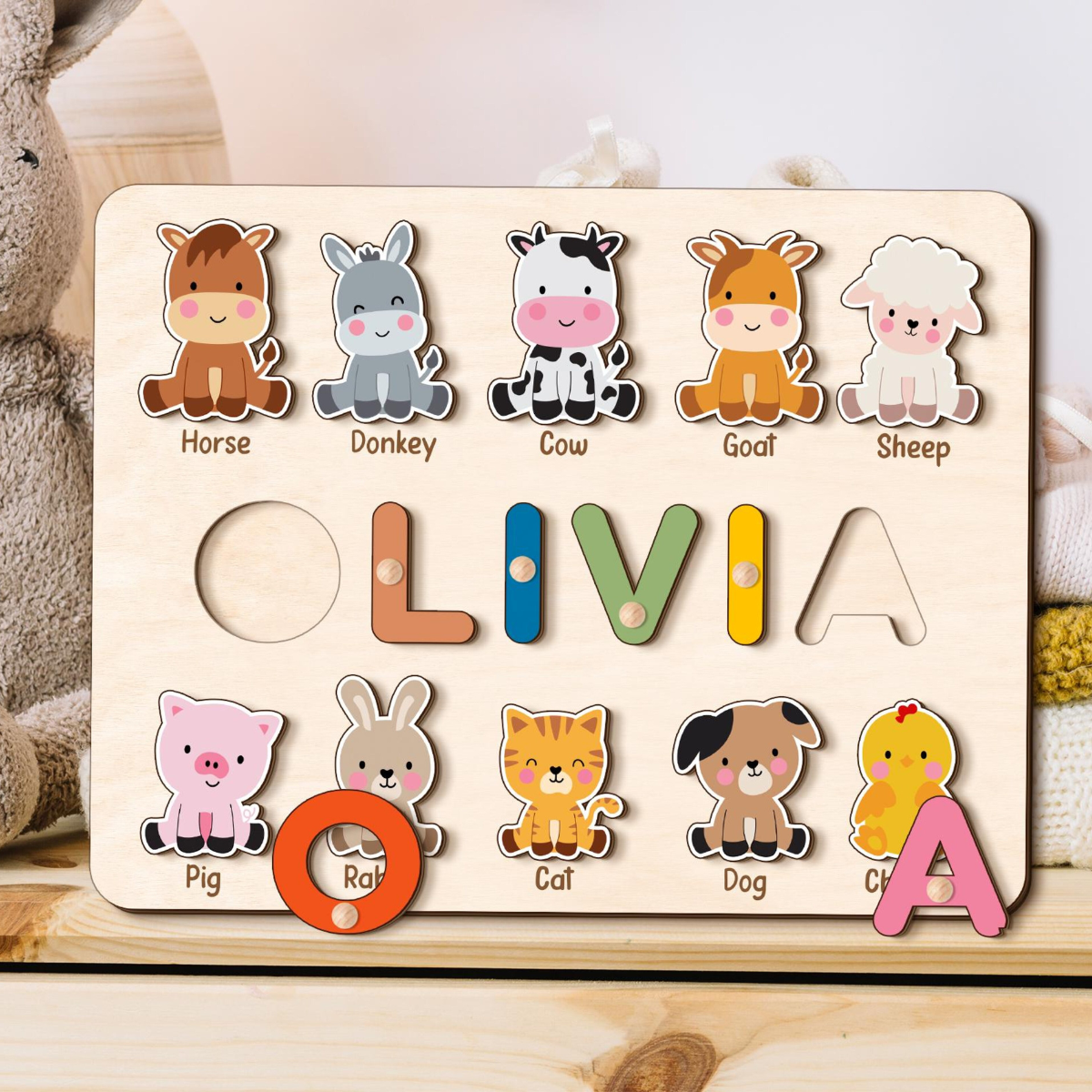 Custom Name Puzzle with Animals, Wooden Baby Name Puzzle, First Birthday Gift for Kids, Personalized Gift for Toddler New Baby Gift
