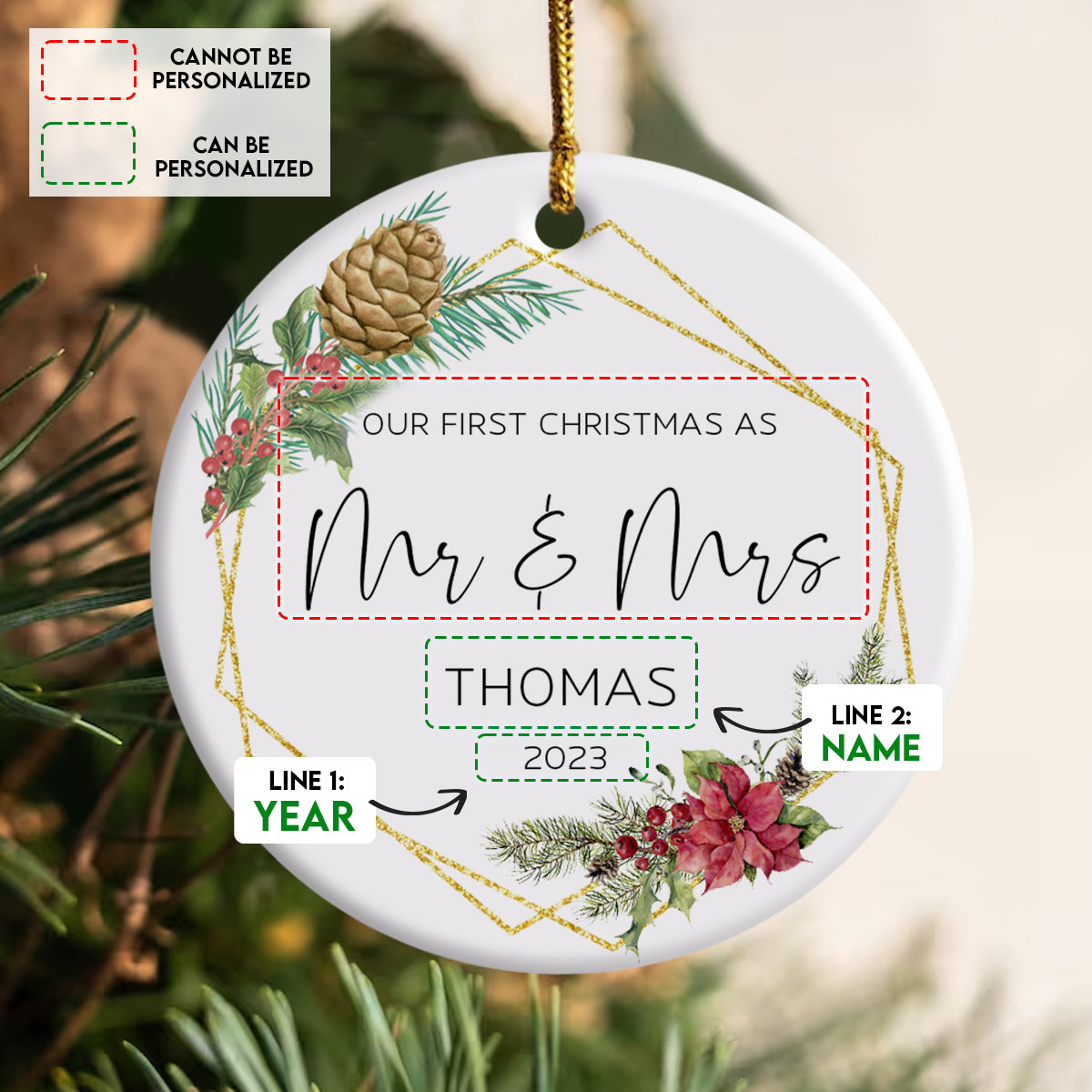 Poinsettia Christmas Flower Married - Personalized Ornament - Christmas Gift