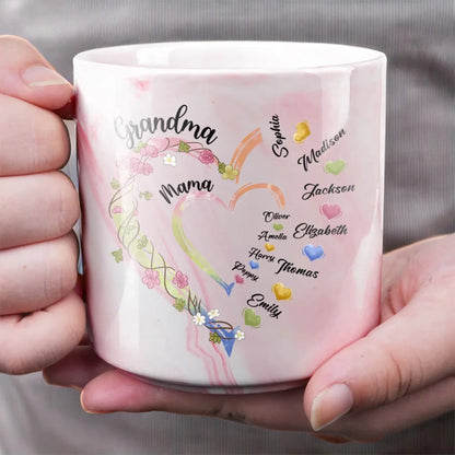 Mom & Grandma Floral Heart With Kid Names - Personalized Marble Mug - Gift For Mom, Grandma, Mother's Day, Birthday Gift