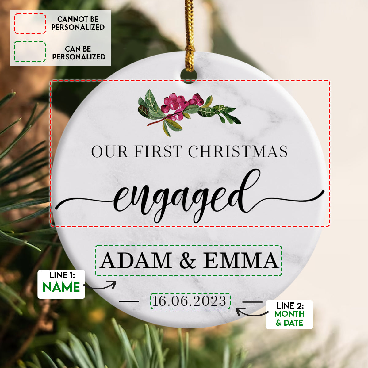 Purple Berry Flower First Christmas Engaged - Personalized Ornament - Christmas Gift