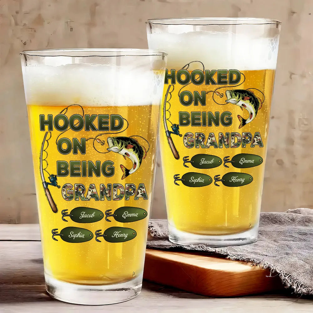 Hook On Being Grandpa Fishing Camouflage - Personalized Beer Glass - Gift For Dad Papa On Father's Day, Birthday Gift