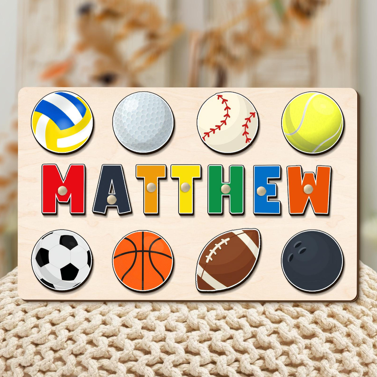 Birthday Gift for Boys, Custom Wooden Name Puzzle, Baby Shower Gift, Personalized Name Puzzle with Balls, Ball Game Sports Theme Name Puzzle