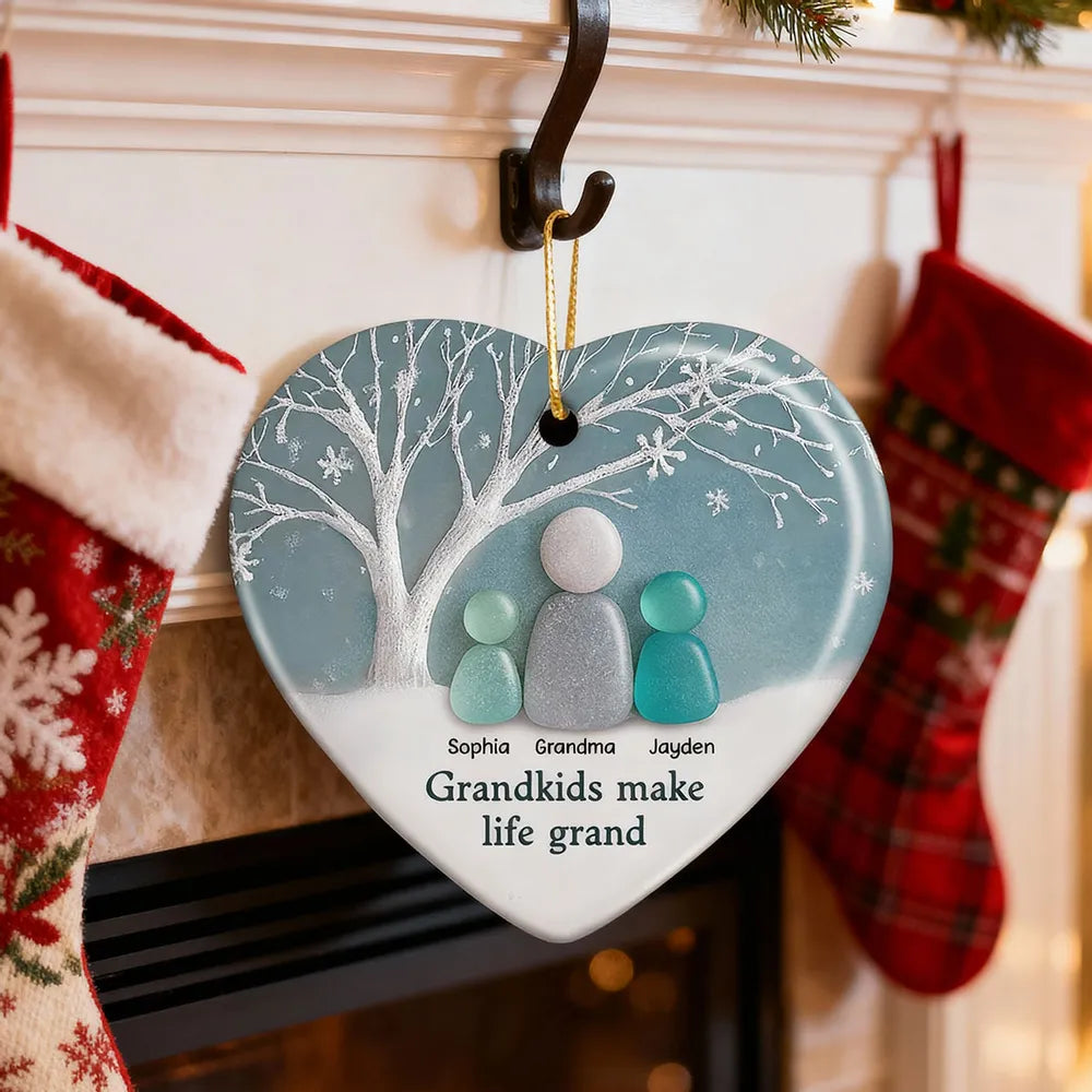 2D Sea Glass Effect Grandma & Grandkids - Personalized Ceramic Ornament - Christmas Gift For Grandchildren, Grandma