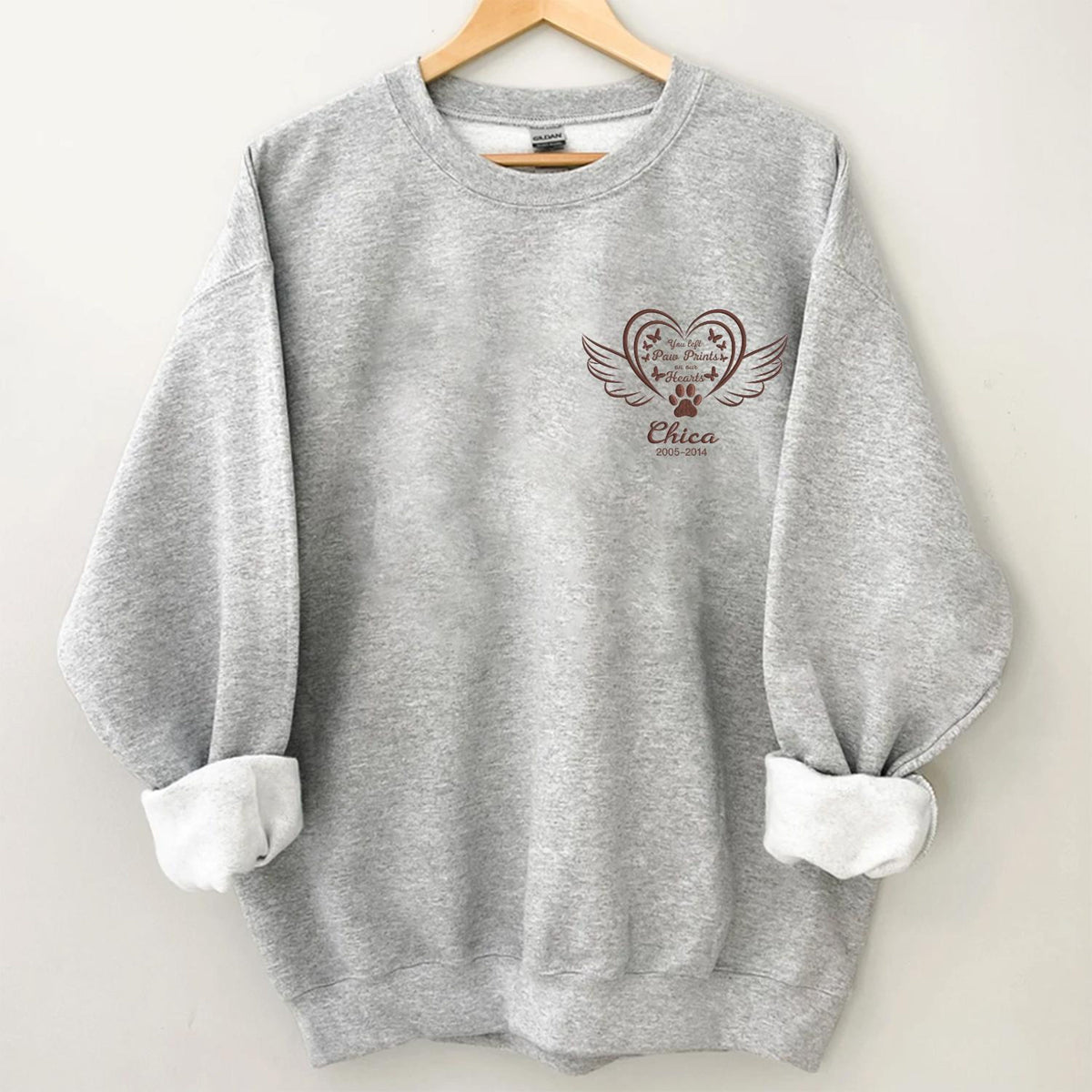 You Left Paw Prints On Our Hearts, Personalized Embroidered Sweatshirt, Custom Name & Date, Memorial Embroidered Sweatshirt