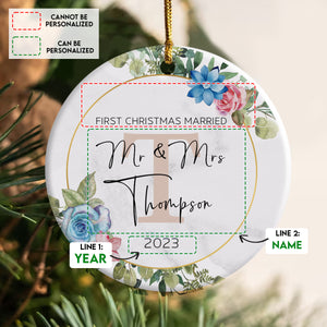 First Christmas Married Circle Wreath With Initial - Personalized Ornament - Christmas Gift