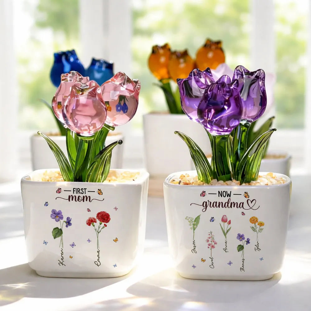 First Mom Now Grandma - Personalized Mini Glass Flower Pot - Gift For Grandma, Mom, Mother's Day Gift