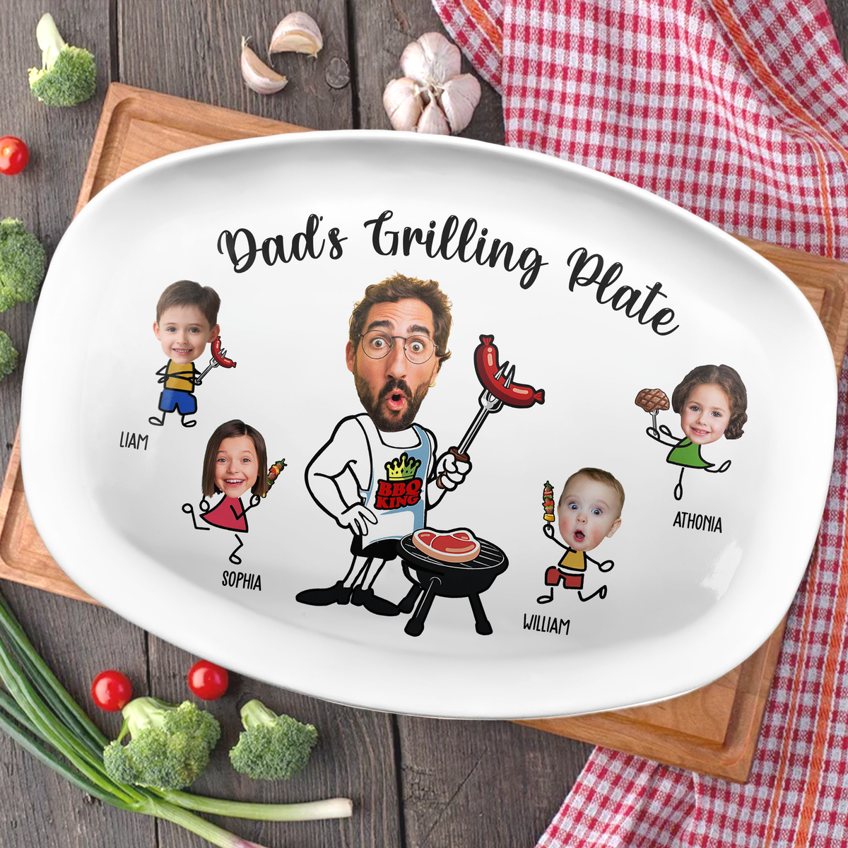Dad's Grilling Plate Custom Kid's Face - Personalized Platter - Gift For Dad, Father's Day Gift