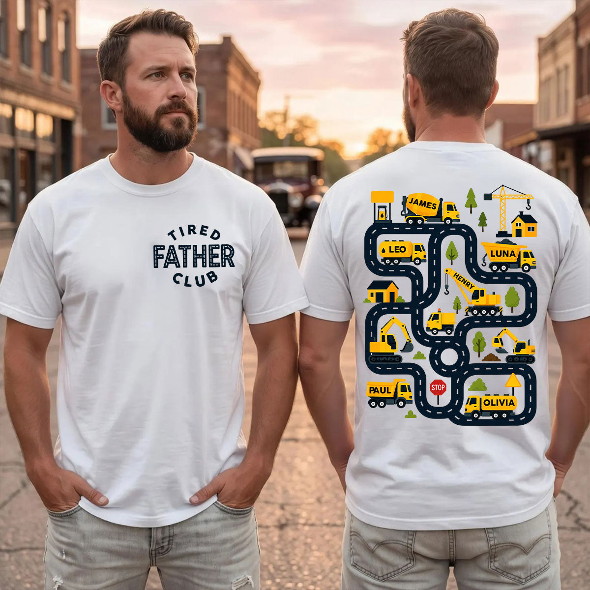 Tired Dads Club Construction Car Track Massage - Personalized Shirt - Funny Gift For Dad, Husband