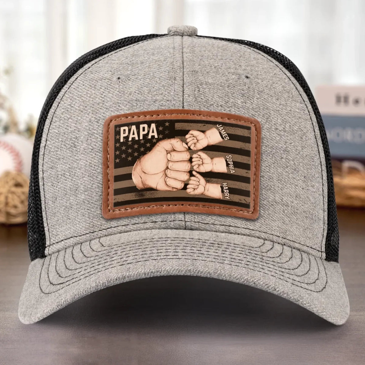 American Dad & Kids Are Unstoppable - Personalized Leather Label Net Hat - Gift For Dad, Grandpa, Father's Day Gift
