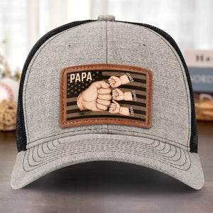 American Dad & Kids Are Unstoppable - Personalized Leather Label Net Hat - Gift For Dad, Grandpa, Father's Day Gift