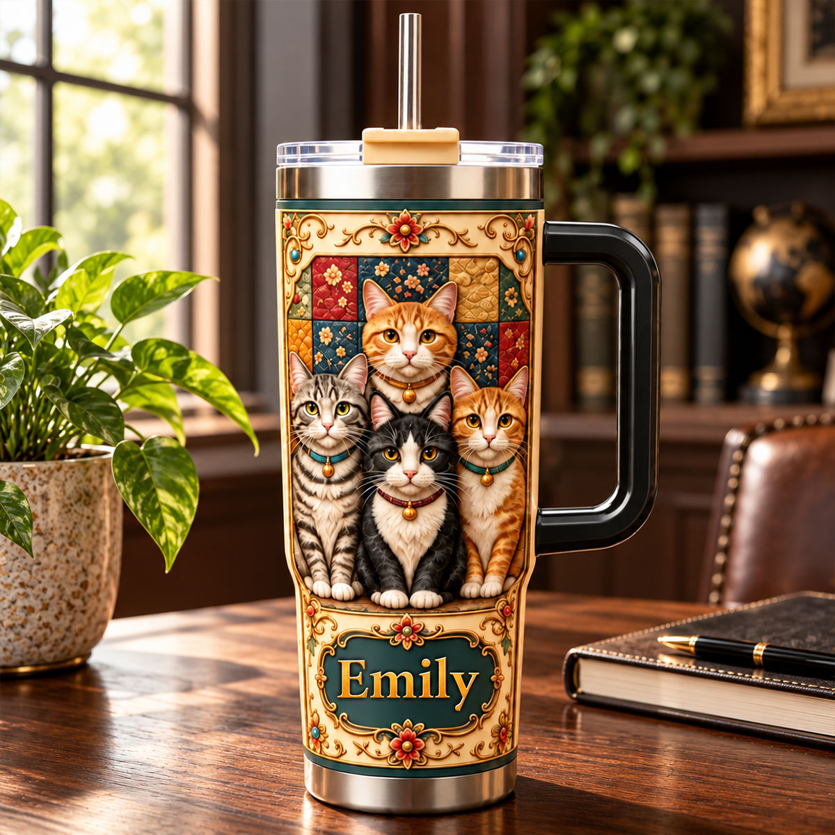 Royal Quilted Brocade Cat - Personalized 40oz Tumbler