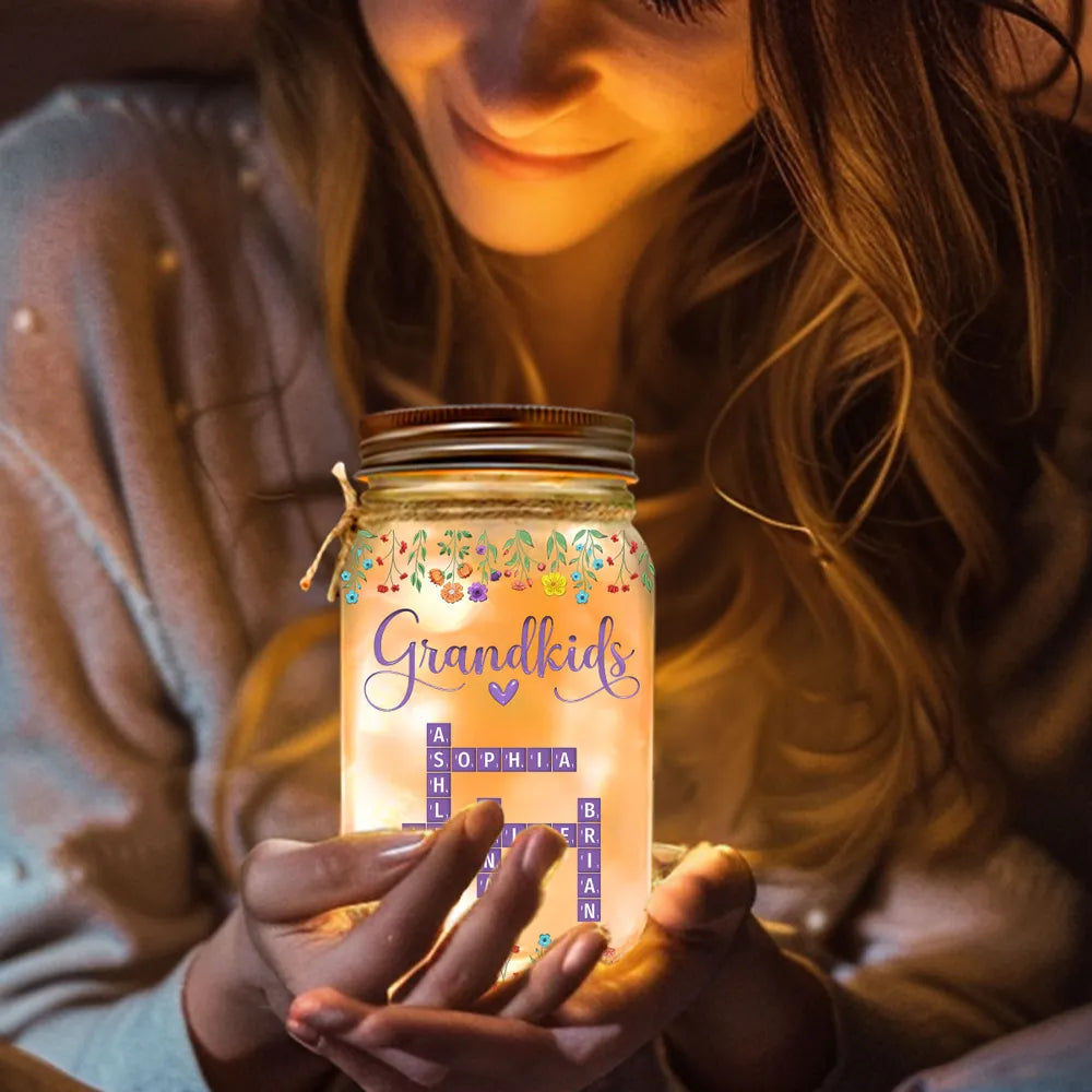 Grandkids Purple Crossword Wildflower Pattern - Personalized Mason Jar Light - Gift For Grandma Mom, Mother's Day, Birthday Gift