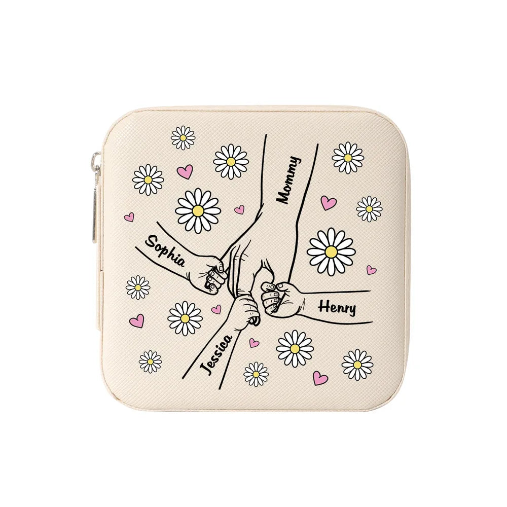 Mom Flower Kids Holding Hand Outline - Personalized Square Jewelry Box - Gift For Mom, Mother's Day, Birthday Gift