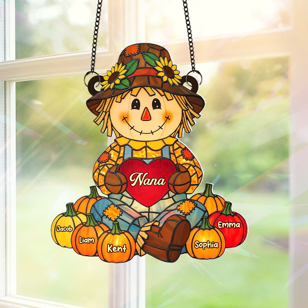 Fall Scarecrow Grandma with Pumpkins Grandkids Names - Personalized Suncatcher Ornament - Autumn Gift For Grandma & Family