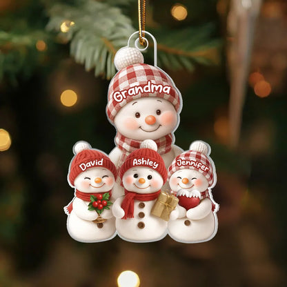 Christmas Holiday Snowman Grandma and Grandkids - Personalized Acrylic Ornament - Christmas Gift for Grandma, Grandkids