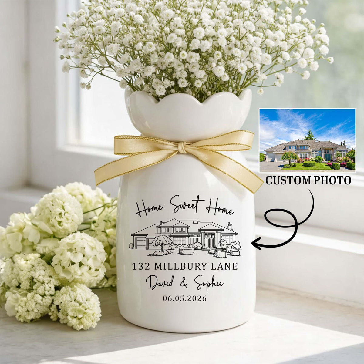 Personalised First Home Gift, Custom Photo New House Ceramic Flower Vase, Housewarming Gift For Couple,Moving In Gift for Friend,Owners Gift