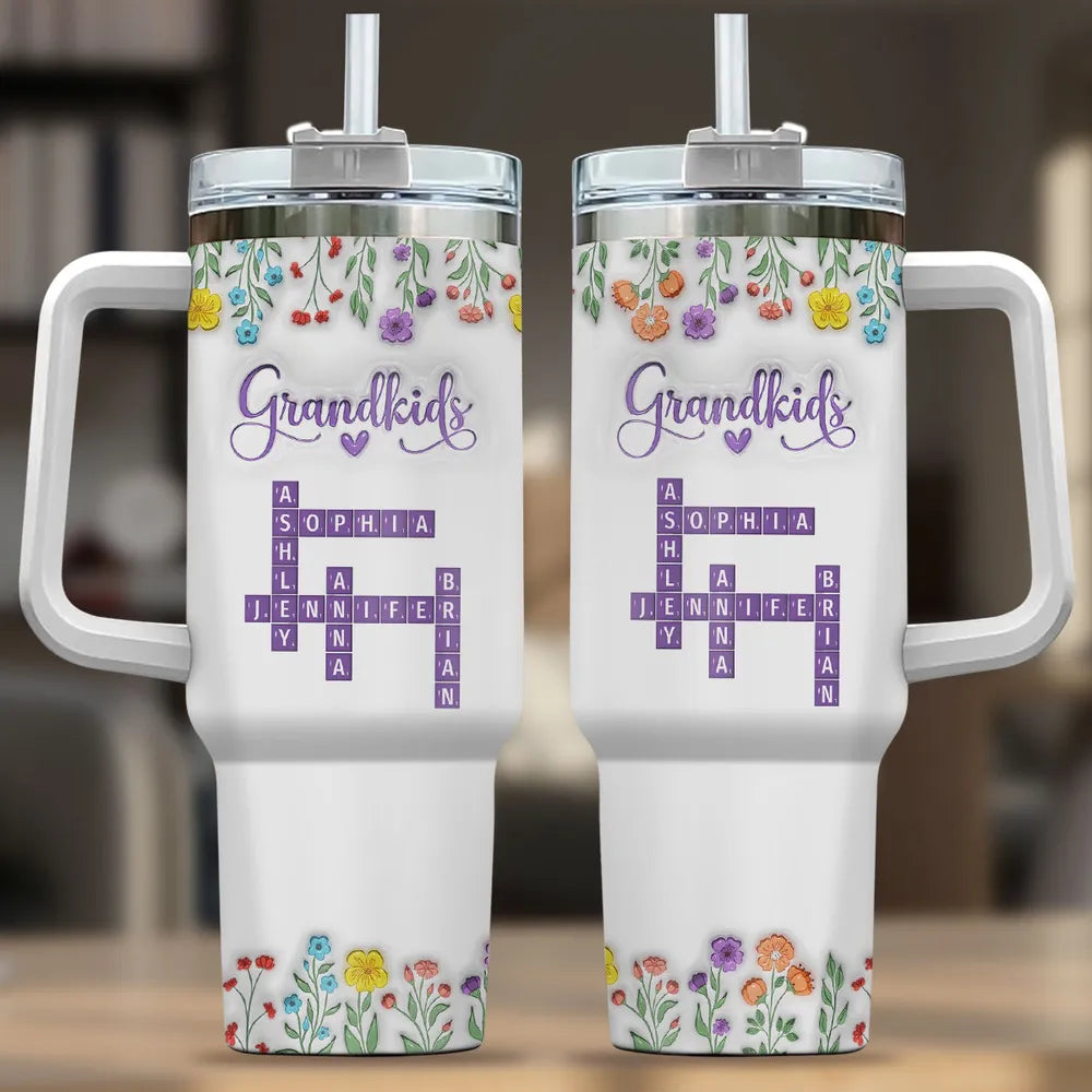 Grandkids Purple Crossword Wildflower Pattern - Personalized 40oz Tumbler - Gift For Grandma Mom, Mother's Day, Birthday Gift