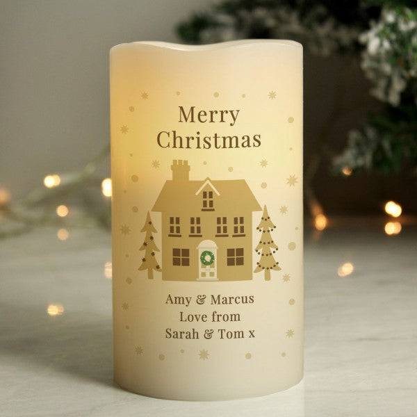 Festive Village Merry Christmas - Custom LED Flameless Candle - Christmas Gift For Couple, Family, Friends