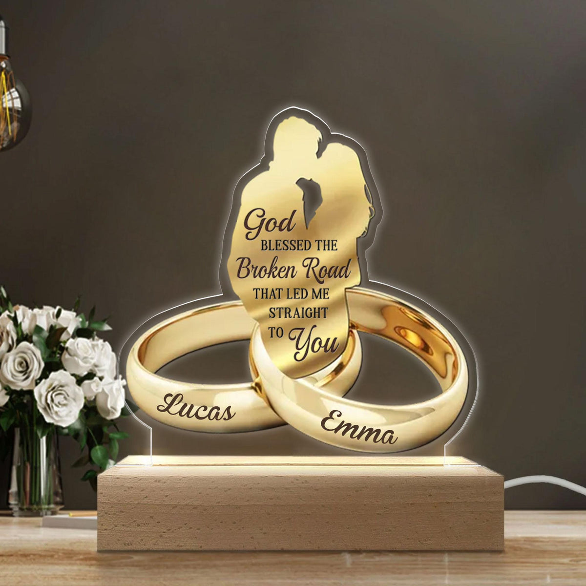 God Blessed The Broken Road That Led Me Straight To You - Personalized 3D LED Light Wooden Base - Gift For Couple, Valentines Gift, Anniversary Gift