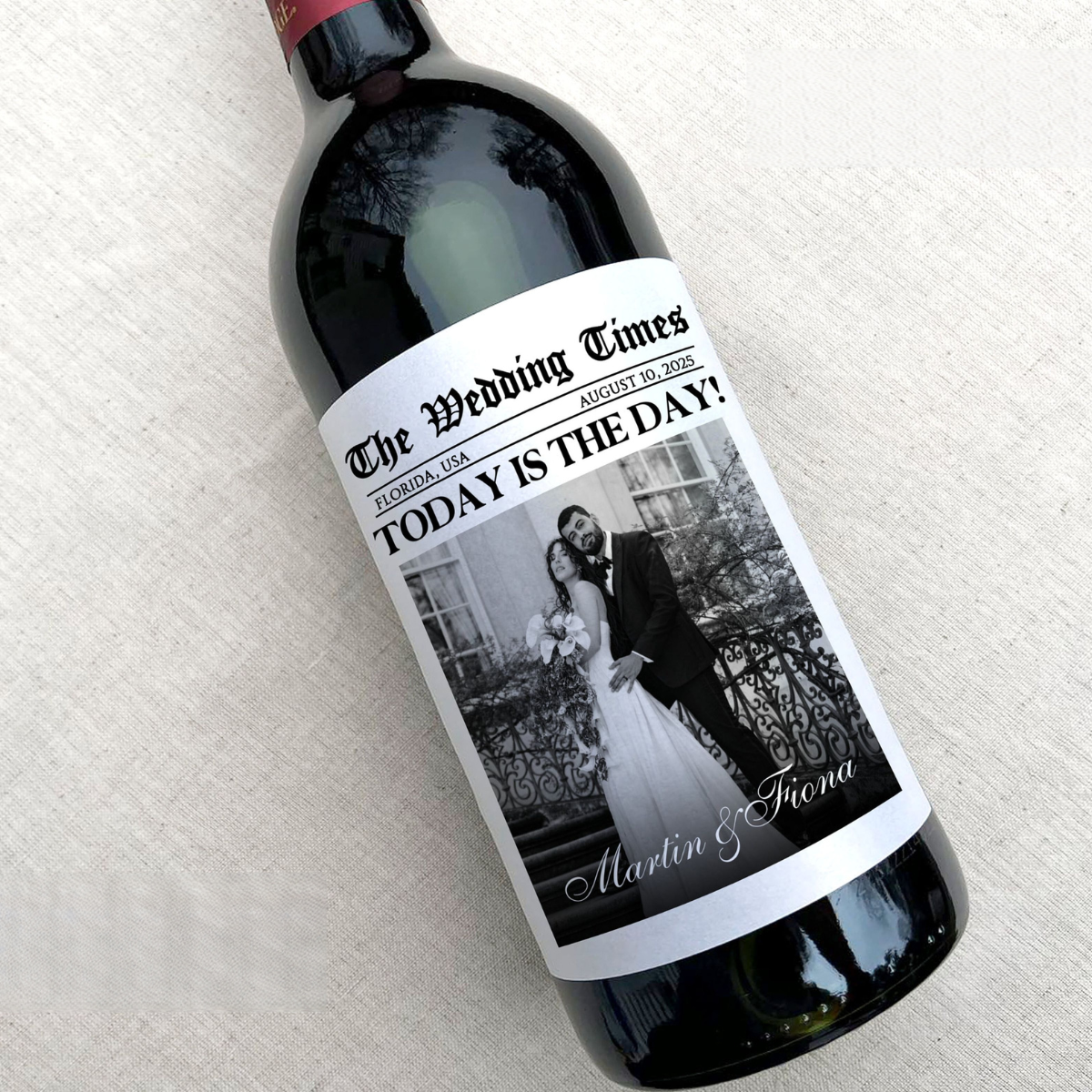 The Wedding Times Newspaper Custom Photo Wine Label Wedding Gift for Couples, Engagement Gifts, Anniversary Gift, Custom Wedding Day Champagne Labels