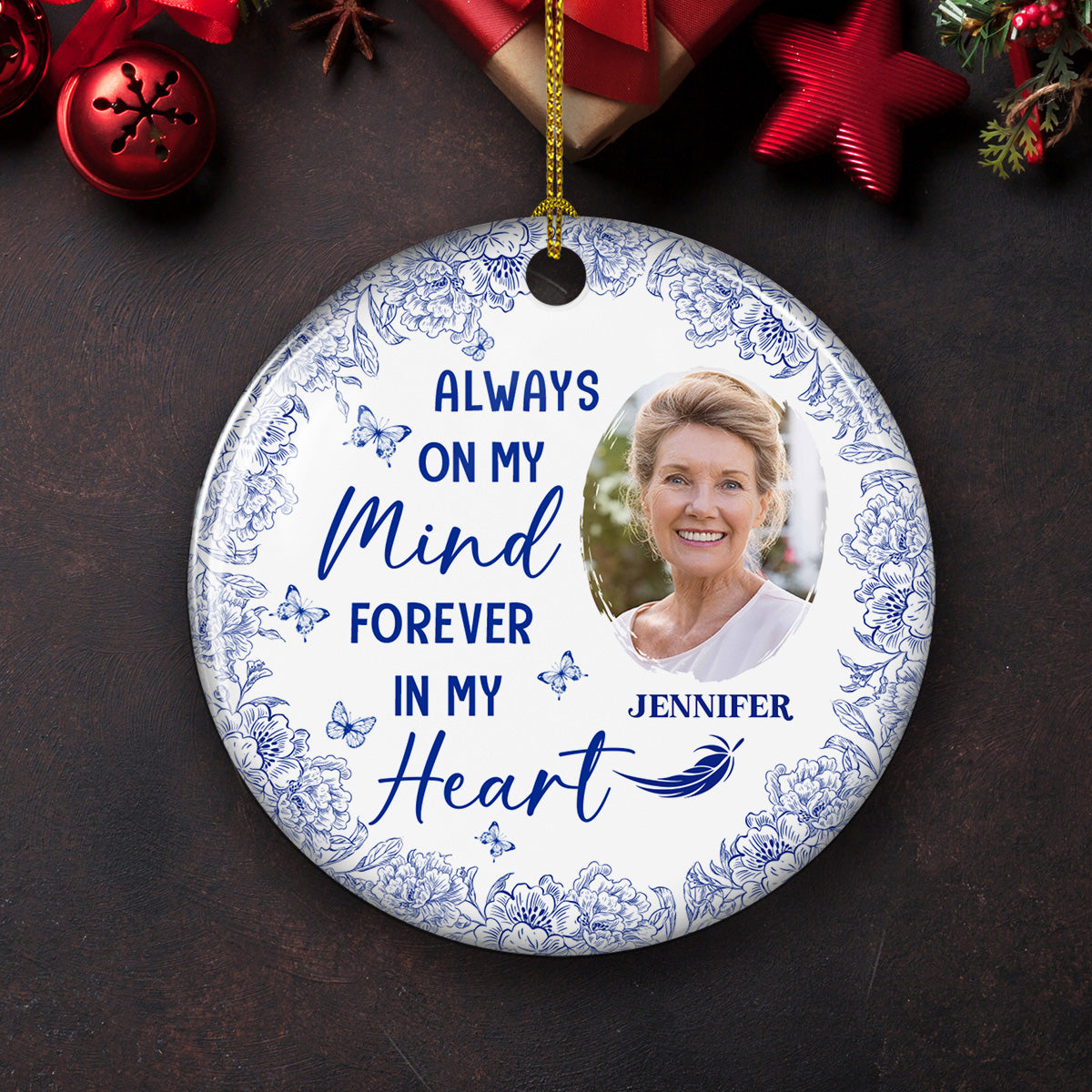 Always On My Mind Blue Toile - Personalized Ornament - Memorial Gift