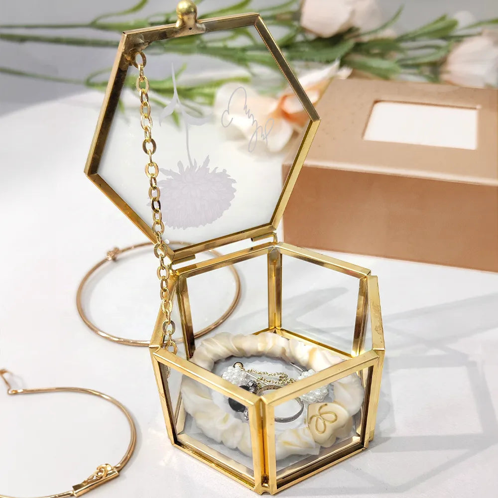 Flower Blooms Custom Your Birth Month Flower - Personalized Hexagonal Glass Ring Box - Gift For Mother, Sister, Bestie, Friend, Girlfriend