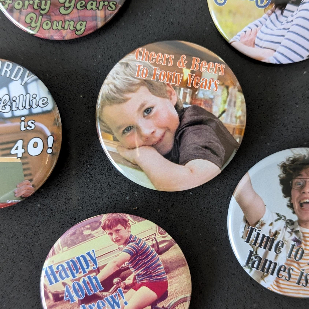Custom 40th Birthday Party Favor Milestone Birthday Photo Pins Adult Party Favors Face Cut Out Buttons Funny Pin Badge Button for Birthdays