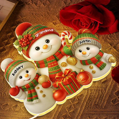Festive Snowman Grandma & Grandkids - Personalized Acrylic Light Box - Christmas Gift for Mom, Grandma