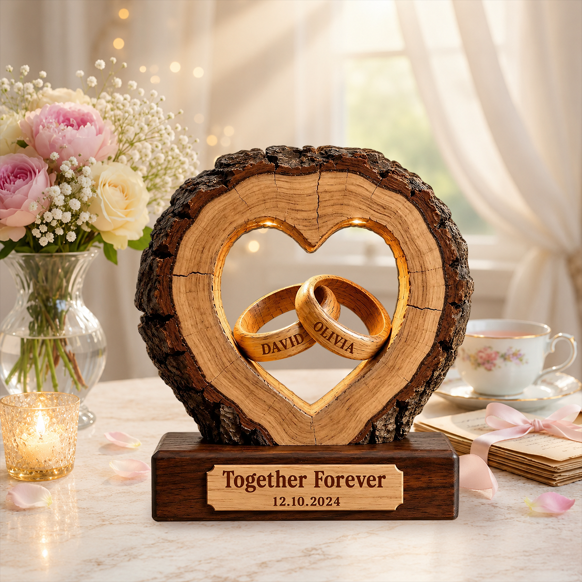 Together Forever Couple Anniversary 2D Flat Plaque - Personalized 2-Layered Wooden Plaque - Heartfelt Gift for Her, for Him