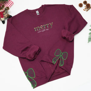 Side Bow Applique Embroidered Sweatshirt, Christmas Bow Embellished Sweatshirt, Side Bow Cut-Out Sweatshirt, Holiday Crewneck Xmas