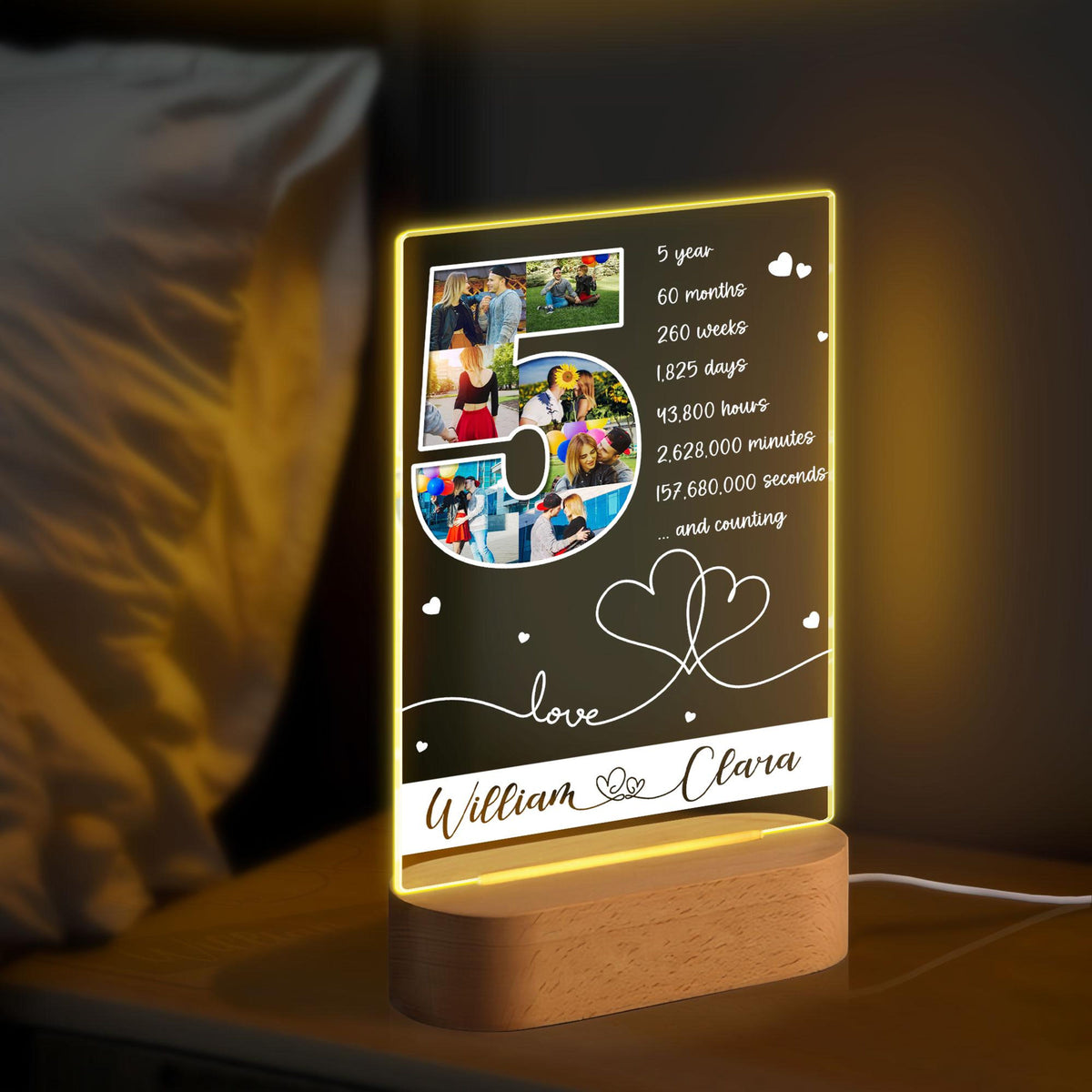 Custom Night light with Couples Name & Photo, 5th Anniversary Romantic Gift for Wife, Gift for Husband, Valentines Gift, Gifts for Couple, Picture Led Light