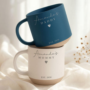 Personalized Engraved Mom Dad Pottery Mug, Custom Name Mommy Daddy Coffee Cup, Future Parents Gift, Mothers Day Birthday Present