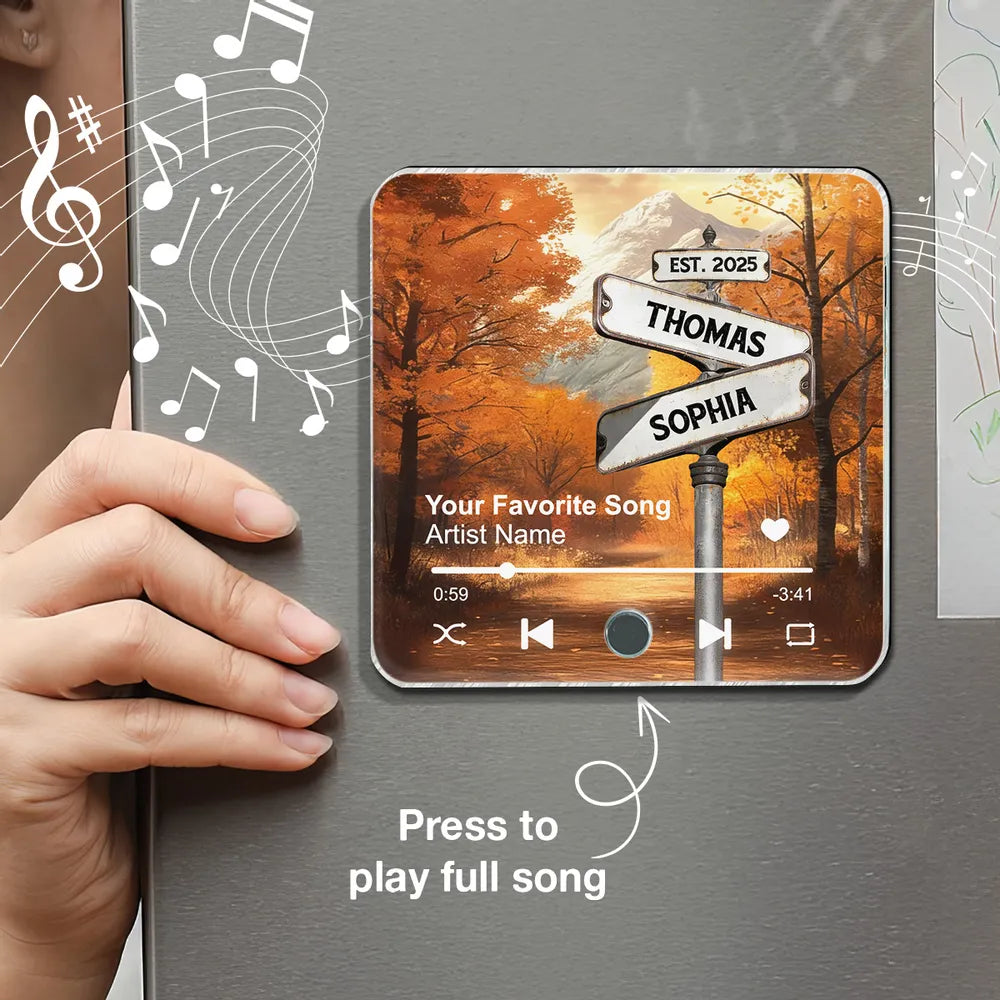 Nostalgia Fall Theme Street Sign - Personalized Music Fridge Magnet - Anniversary, Valentine's Day Gift For Couple