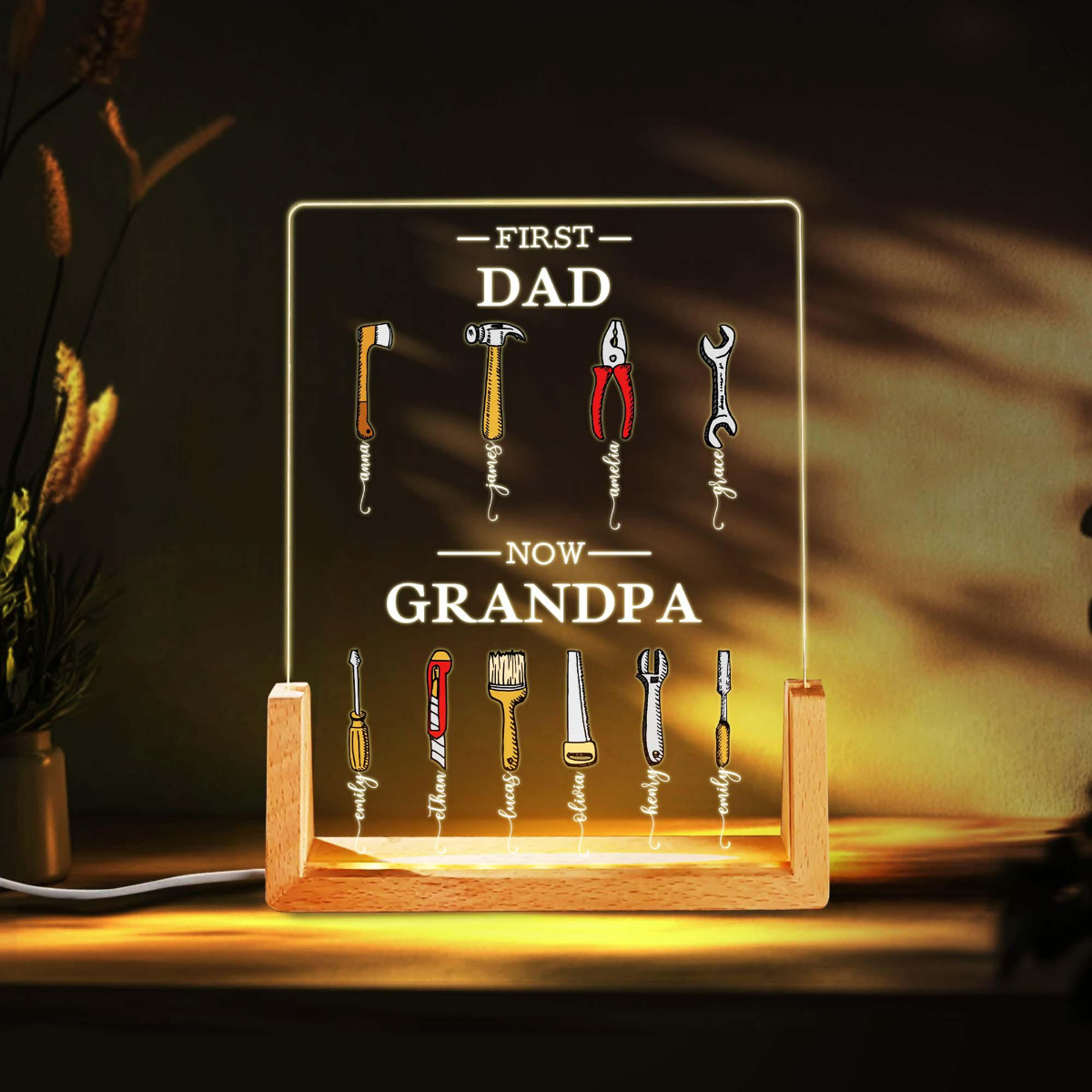 First Dad Now Grandpa LED Night Light, Custom Grandpas Garage Night Light with Kids Name, Fathers Day Gift, Grandpa Gift