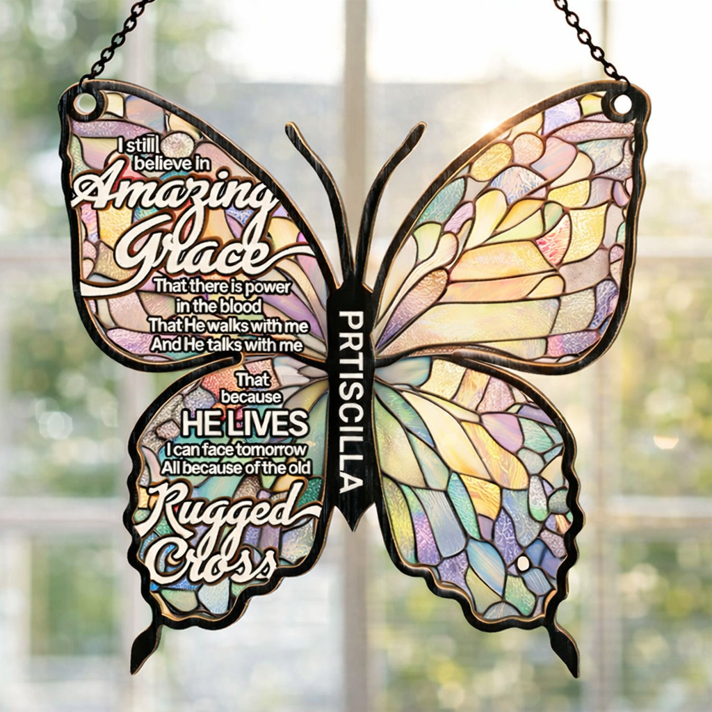 Amazing Grace Cross Butterfly - Personalized Suncatcher Ornament - Christian Gift