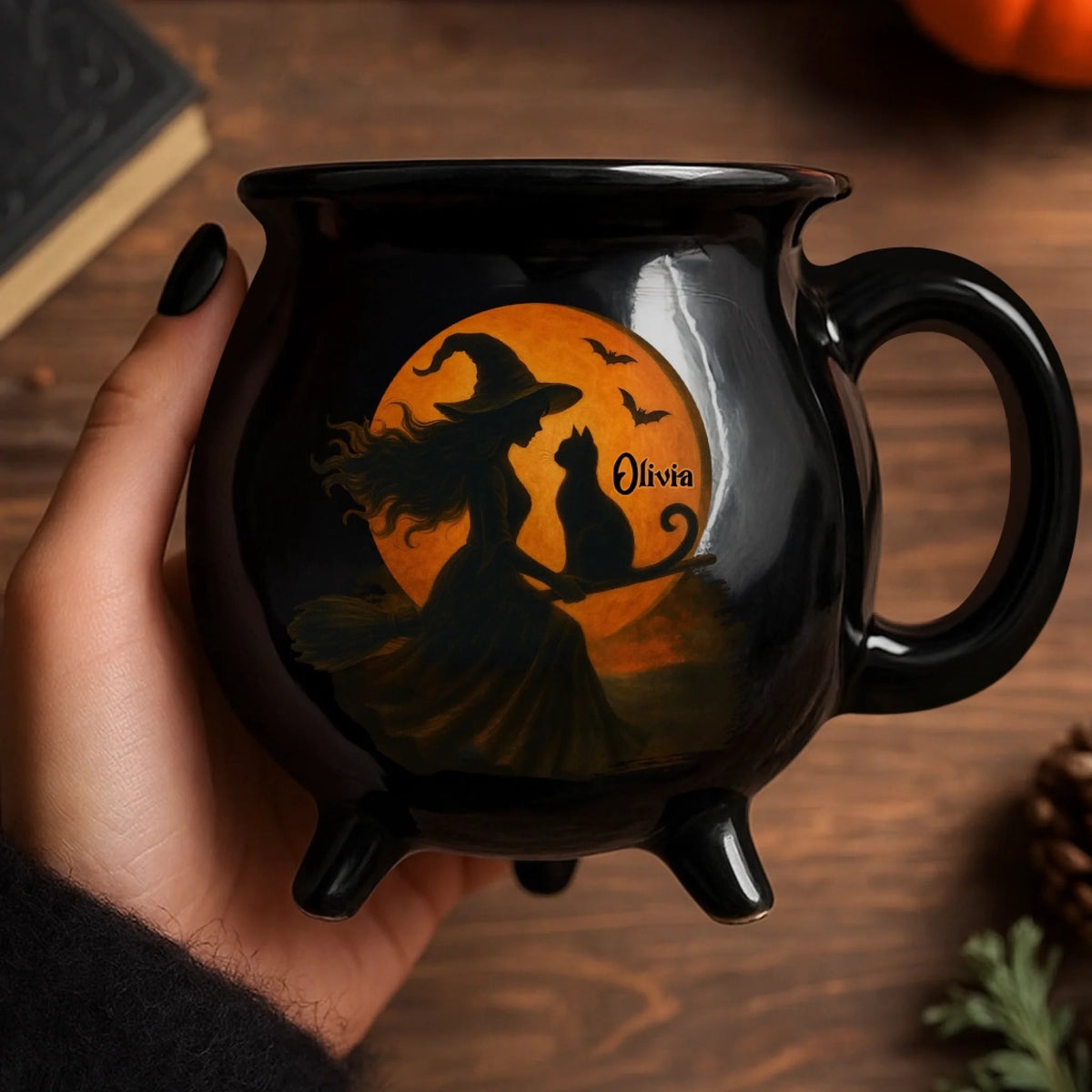 Mystic Witch With Cat - Personalized Halloween Black Ceramic Witch Mug - Halloween Gift For Family, Sisters, Friends, Siblings