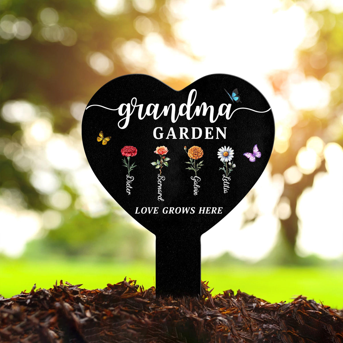 Personalized Grandma Garden Sign, Metal Flower Garden Stake with Grandkids' Names, Heart Shaped Yard Decor, Nana's Blessings
