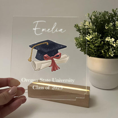 Personalized Light Wood Base LED Desk Stand Custom Graduation Cap Tassel Diploma Degree Grad Class of 2026 High School College Graduate Gift