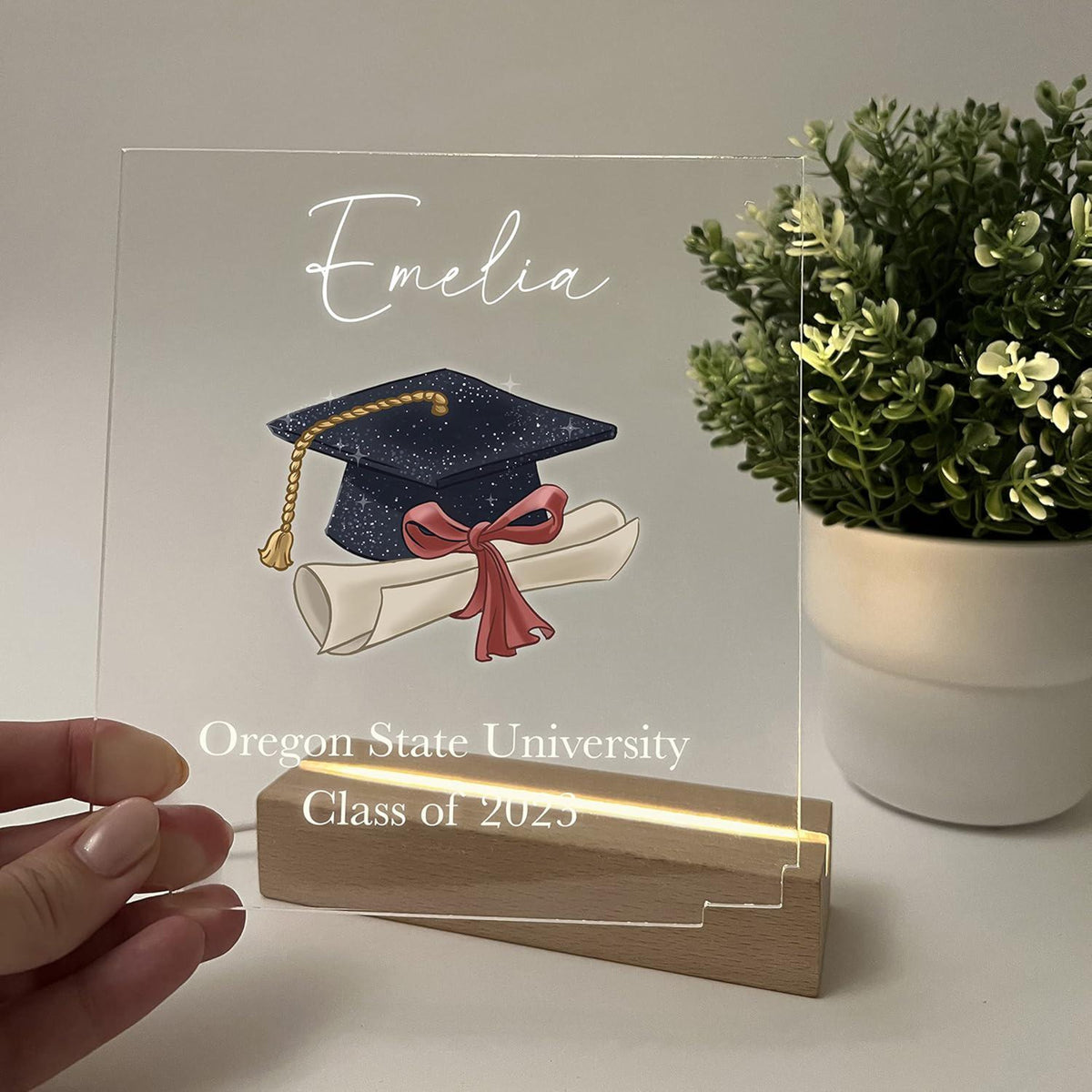 Personalized Light Wood Base LED Desk Stand Custom Graduation Cap Tassel Diploma Degree Grad Class of 2026 High School College Graduate Gift