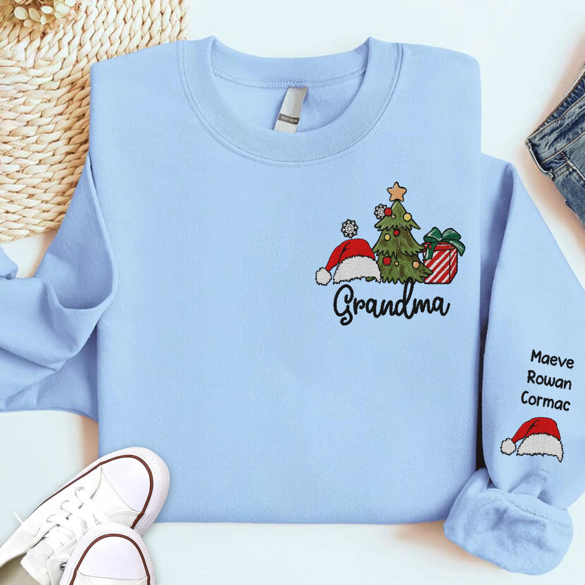 Personalized Grandma Embroidered Sweatshirt, Custom Christmas Nana Sweatshirt and Grandkids Names On Sleeve, Christmas Gift for Mom, Nana