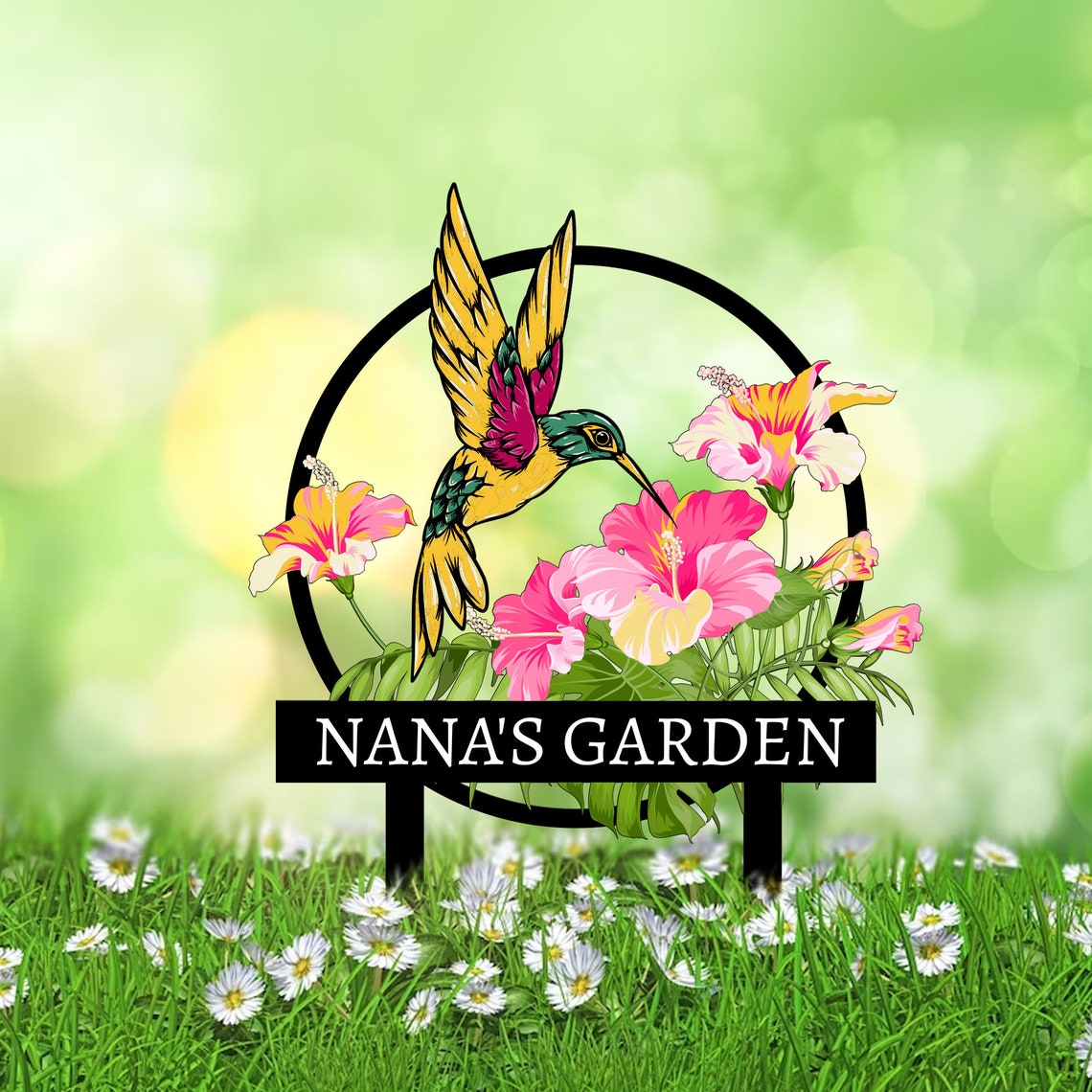 Custom Hummingbird Metal Garden Stake, Bird with Stakes Garden Sign, Personalized Garden Name Sign, Mother's Day Gift, Outdoor Decor