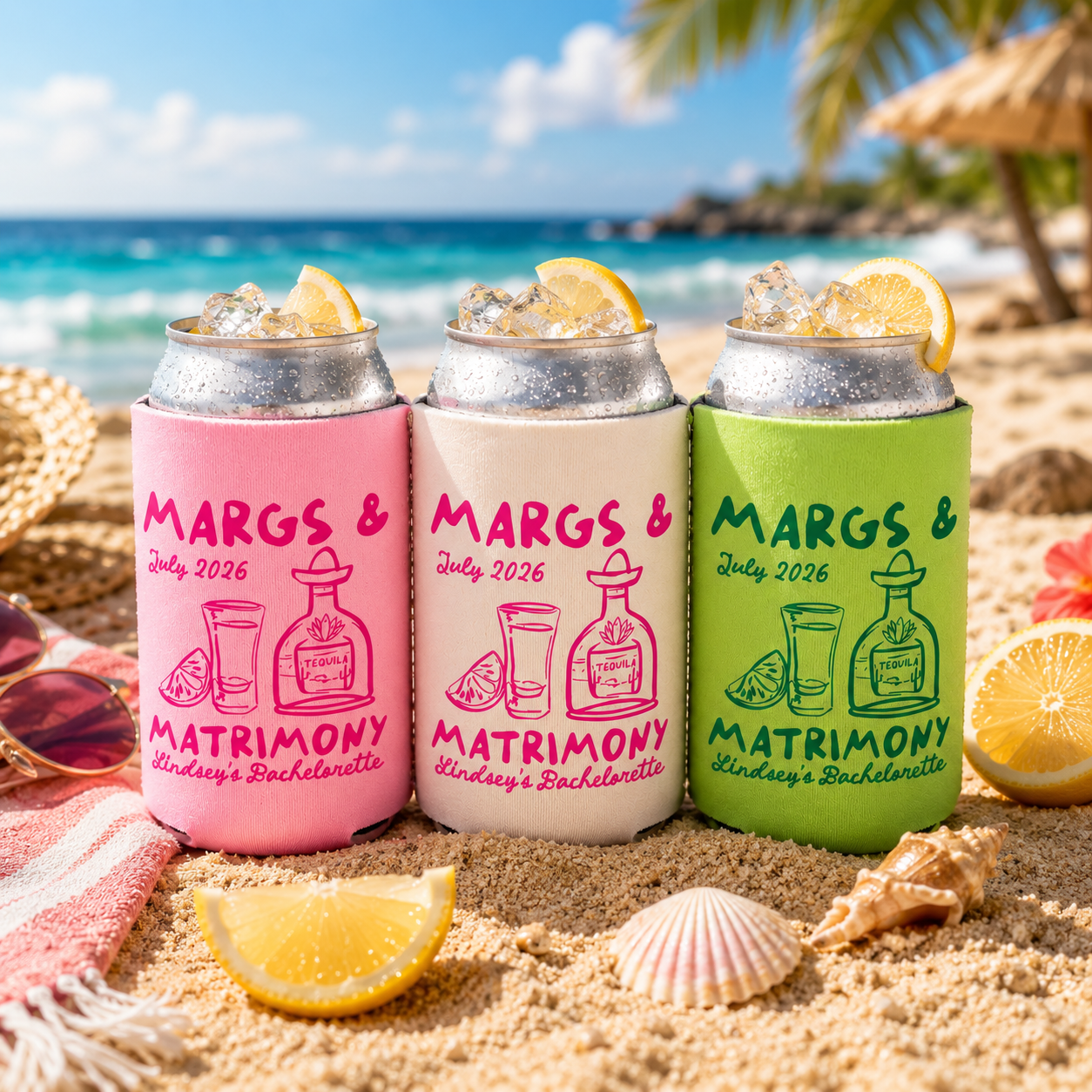 Margs and Matrimony Bachelorette Can Coolers, Personalized Can Sleeves, Custom Beach Bachelorette Party Favors, Mexico Bachelorette