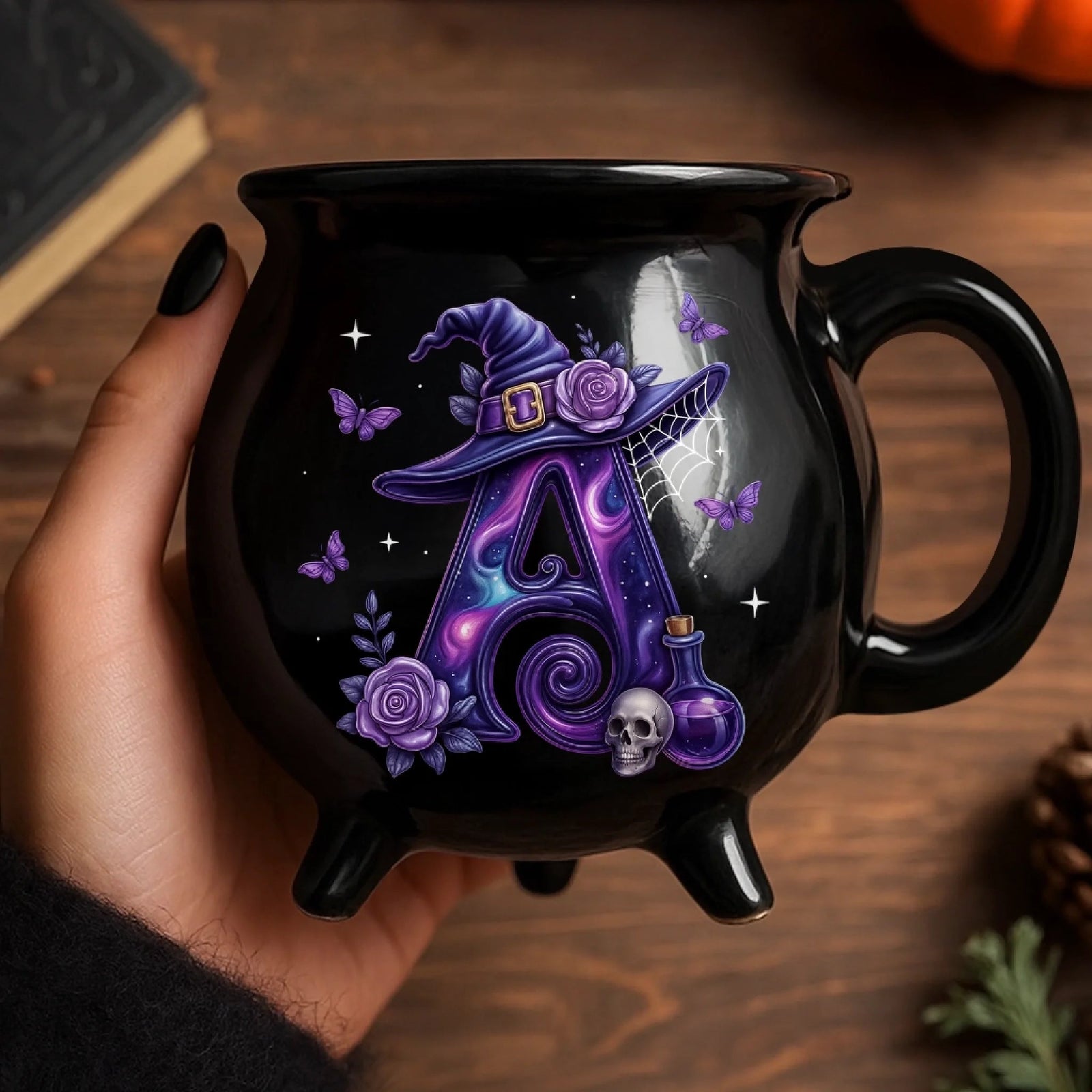 Alphabet Witchy Vibe - Personalized Halloween Black Ceramic Witch Mug - Halloween Gift For Family, Sisters, Friends, Siblings