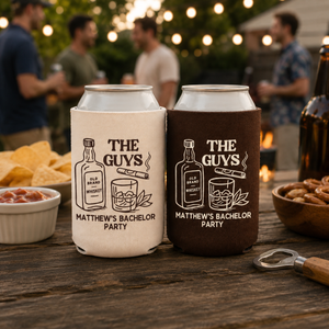 The Guys Bachelor Can Cooler - Custom Whiskey Bachelor Party Favors - Personalized Cozies in Regular and Slim Size