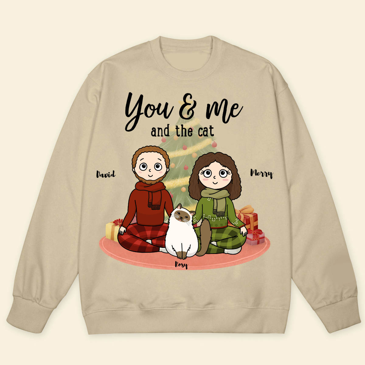 You, me & the cats Christmas Tree Personalized Sweatshirt Christmas Gift For Cat Lovers Custom Cat Breed Cat Dad Cat Mom Winter Season Gift